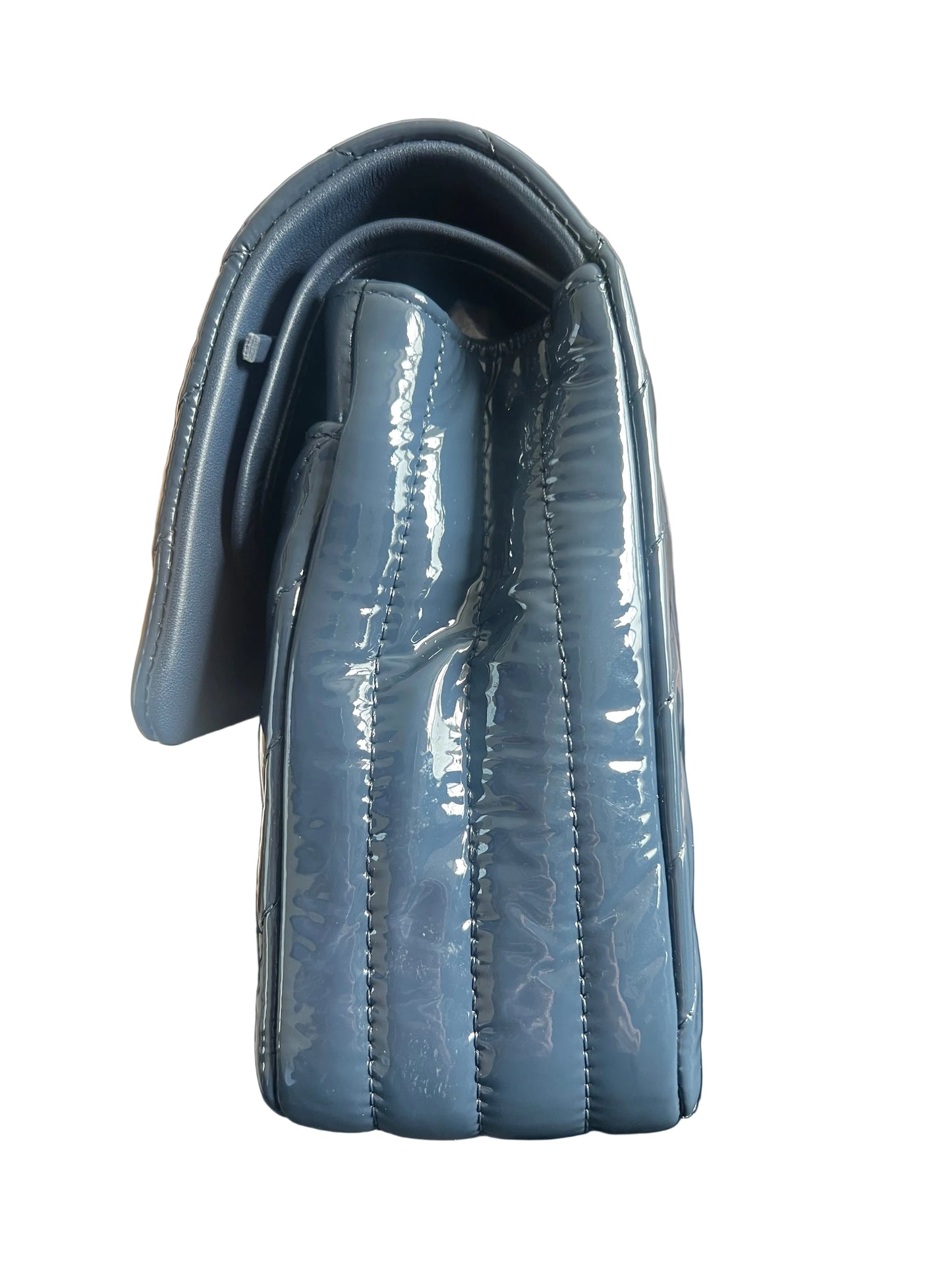 Chanel Patent Leather Chevron Petrol Blue Double Flap