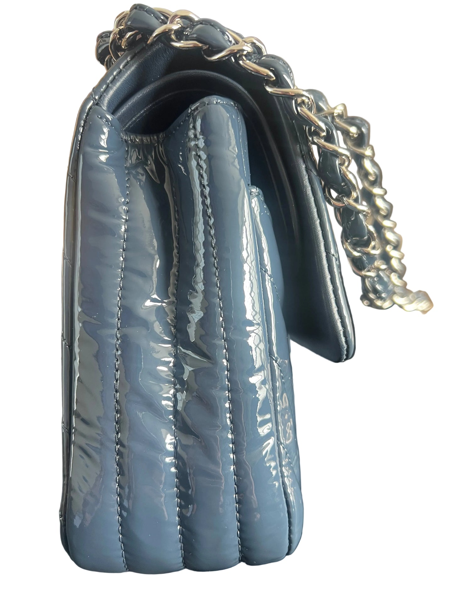 Chanel Patent Leather Chevron Petrol Blue Double Flap