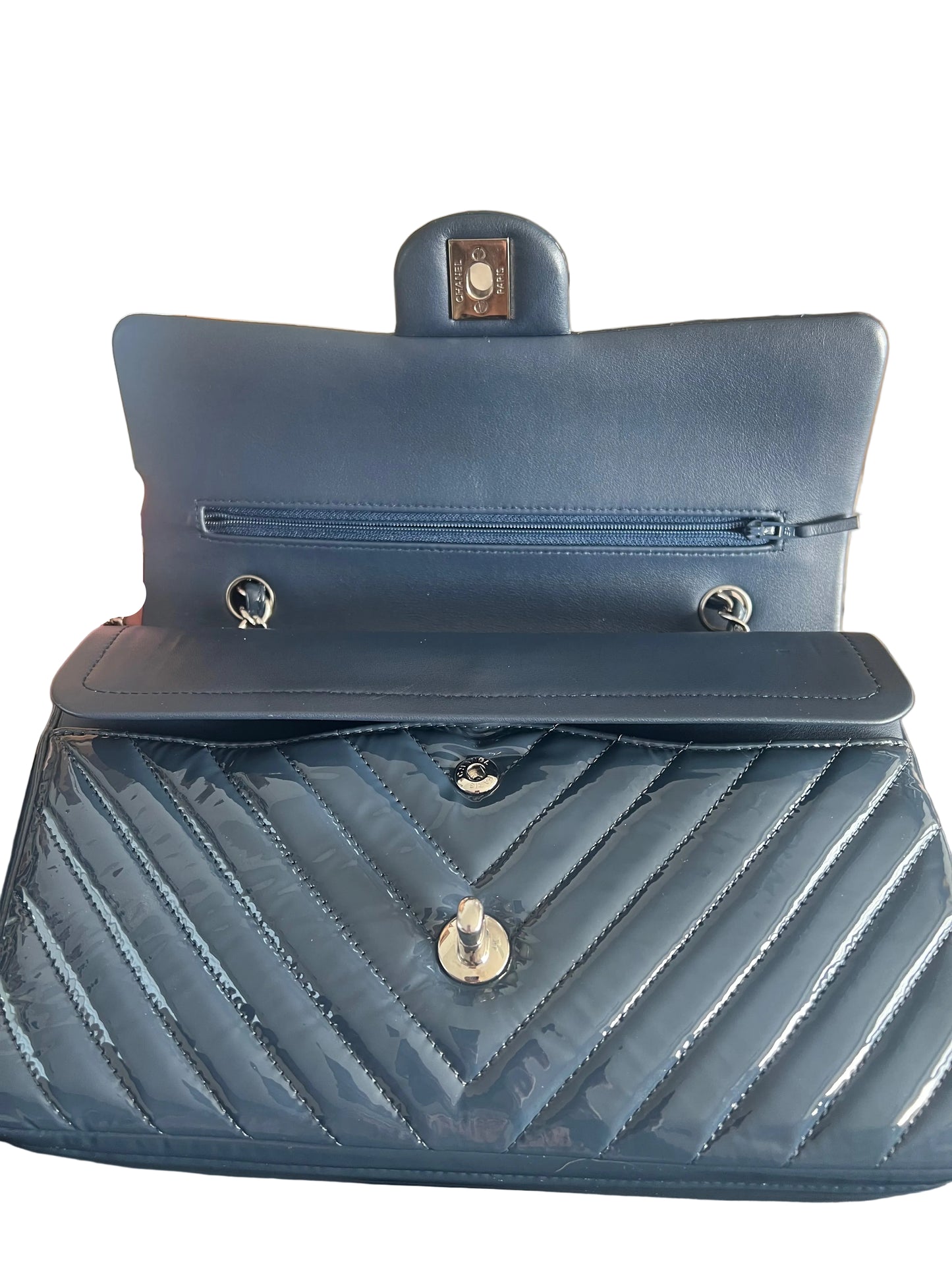 Chanel Patent Leather Chevron Petrol Blue Double Flap