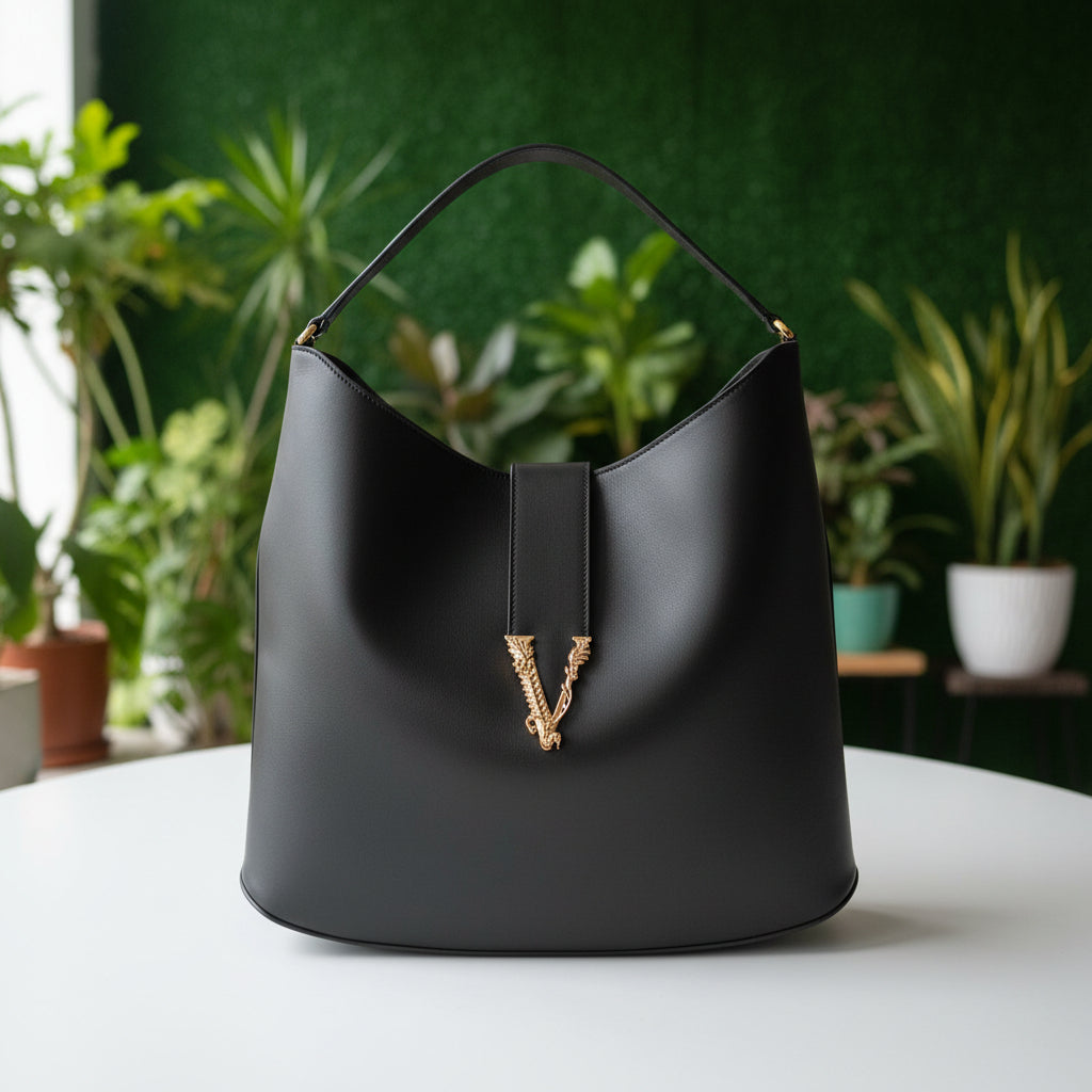 Versace Virtus Black Leather Hobo