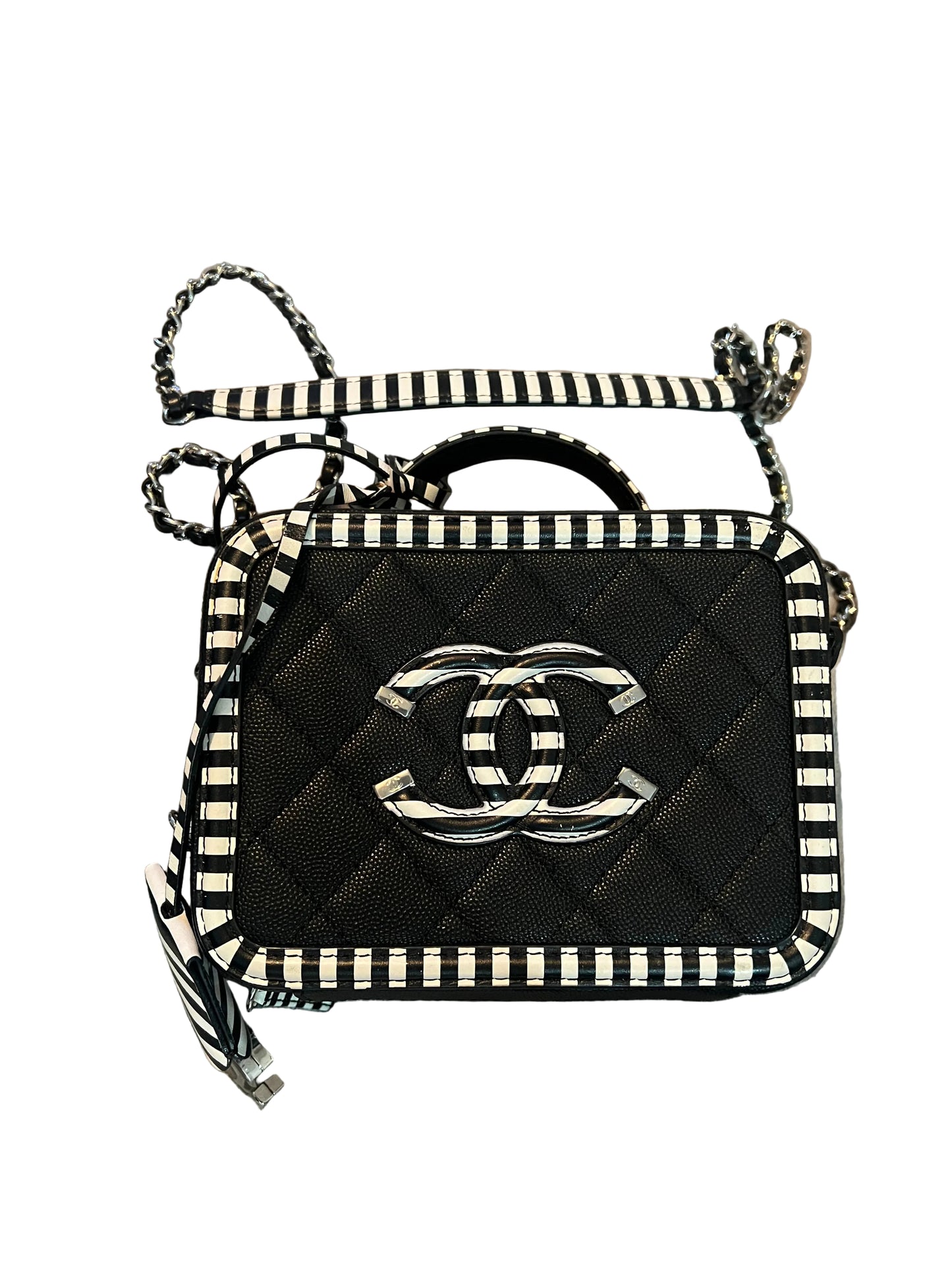 Chanel Filigree Vanity Case Quilted Caviar with Striped Leather
