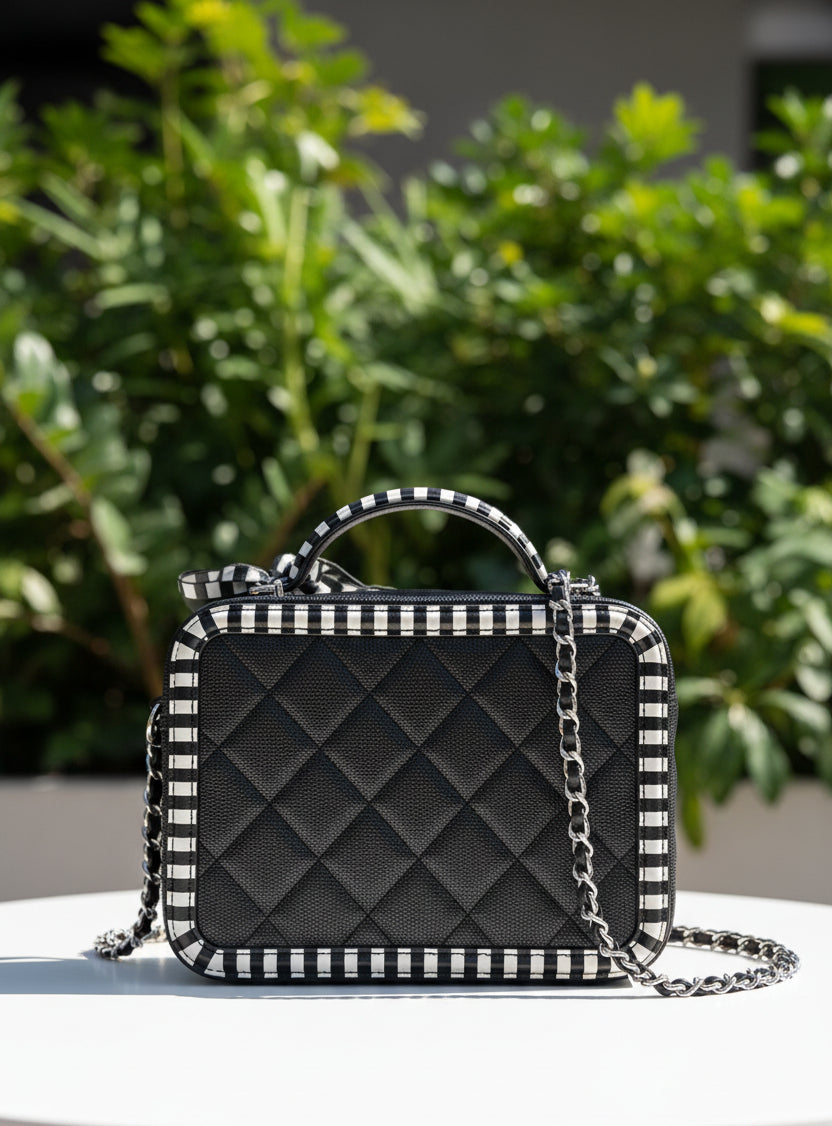 Chanel Filigree Vanity Case Quilted Caviar with Striped Leather