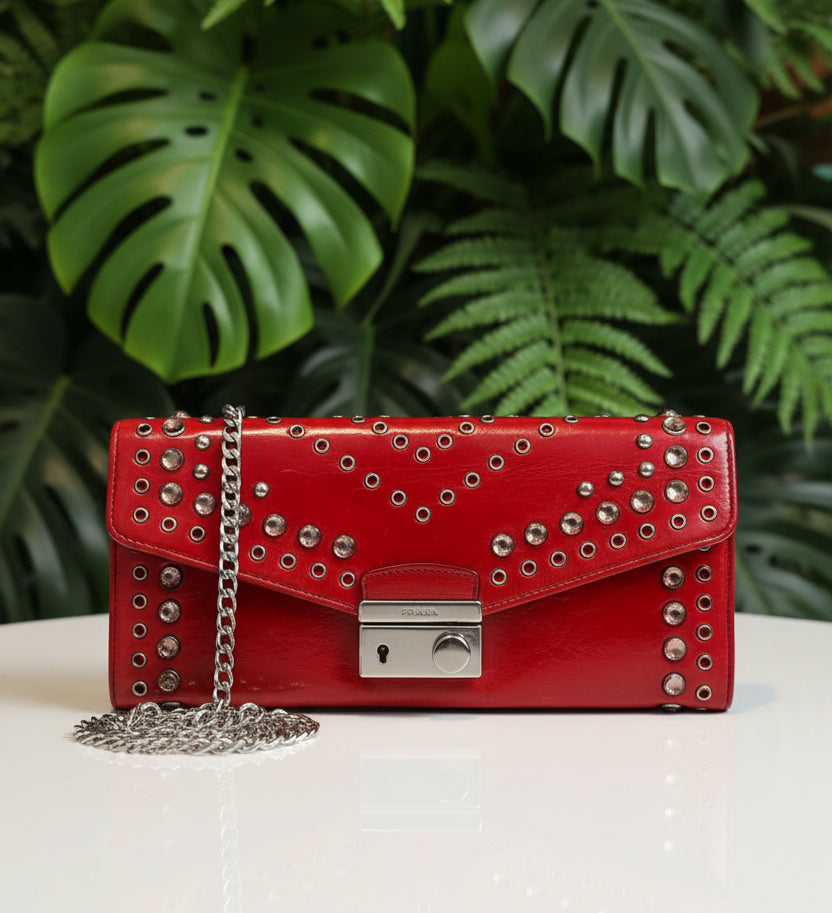 Prada Leather Studded Wallet on Chain