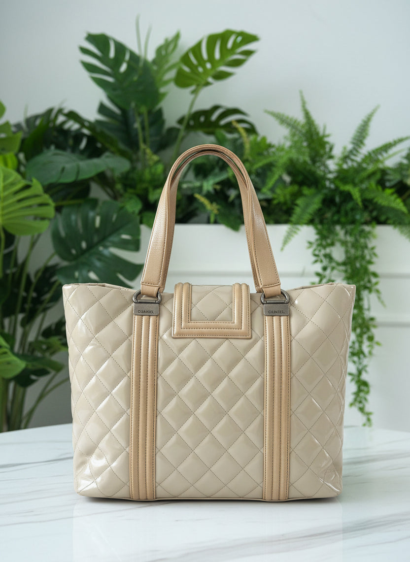 Chanel Beige Quilted Boy Tote Aged Glazed Calfskin