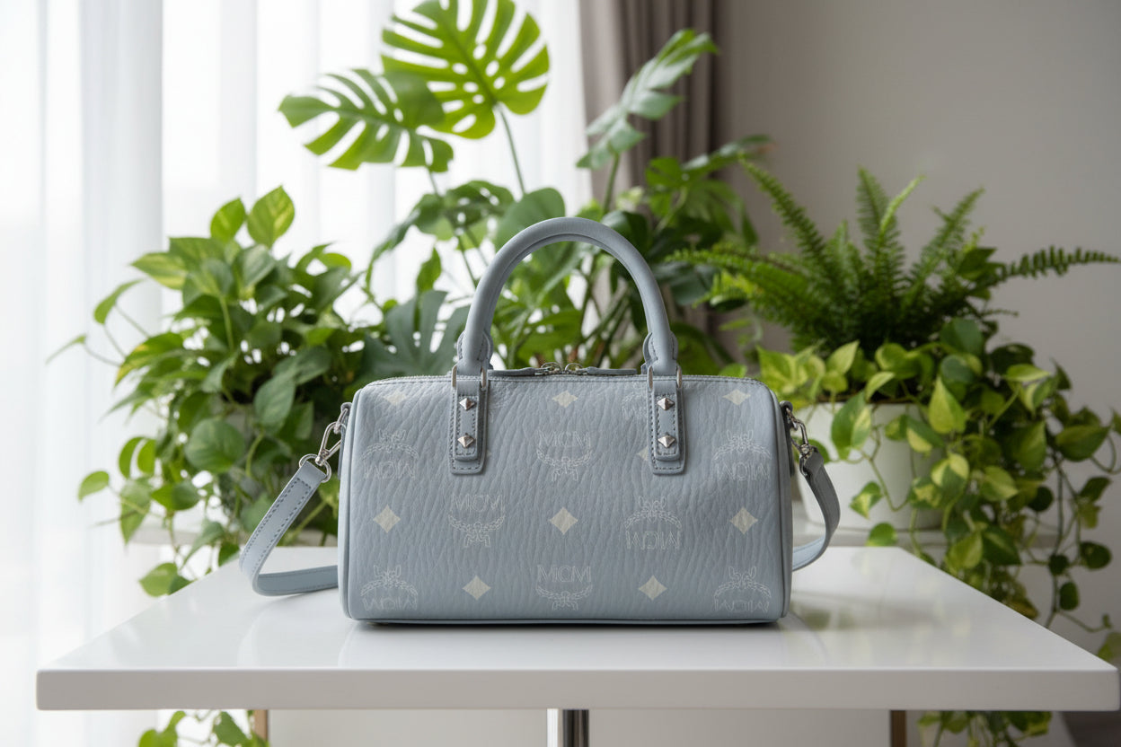 PREVIEW-DROP NEXT TIKTOK LIVE-MCM Visetos Blue Mini Boston Bag