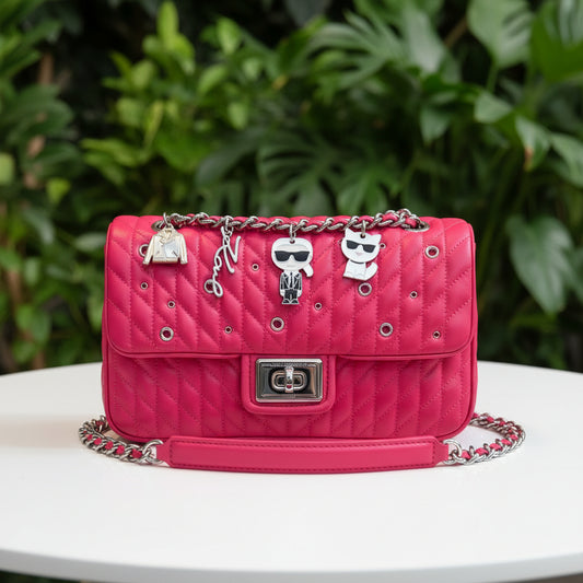 Karl Lagerfeld Pink Quilted Leather Flap w Charms