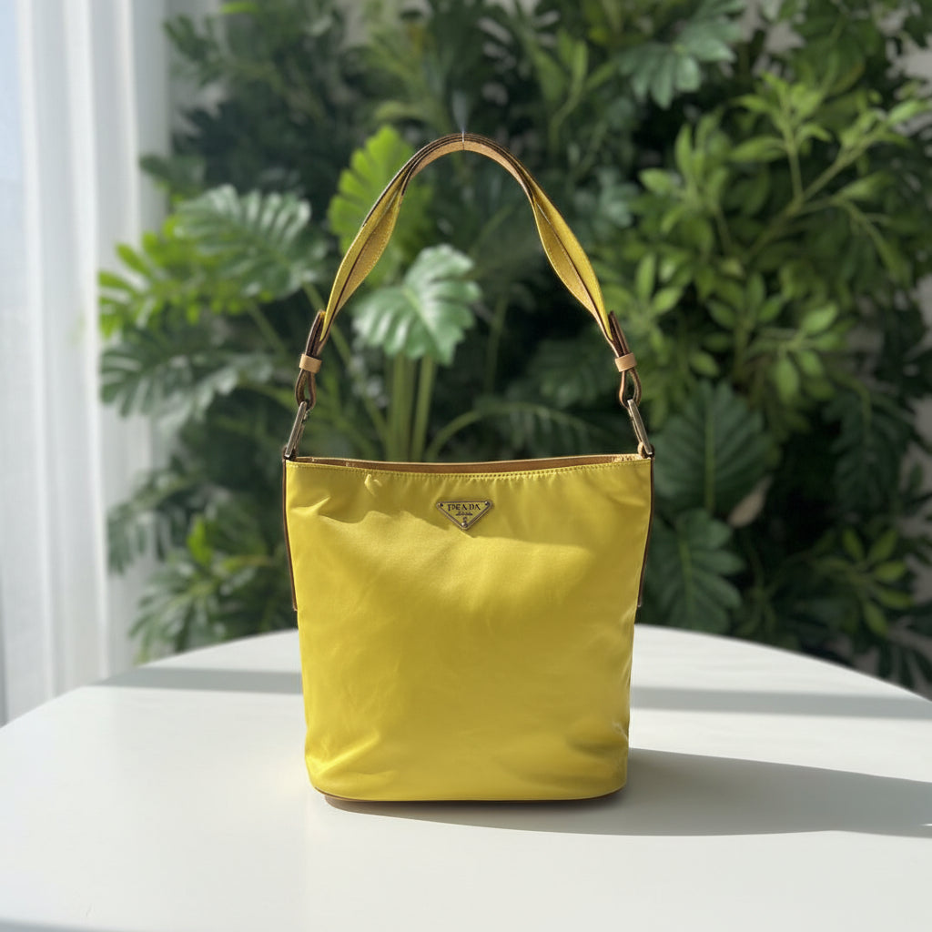 Prada Yellow Nylon and Leather Bucket Bag