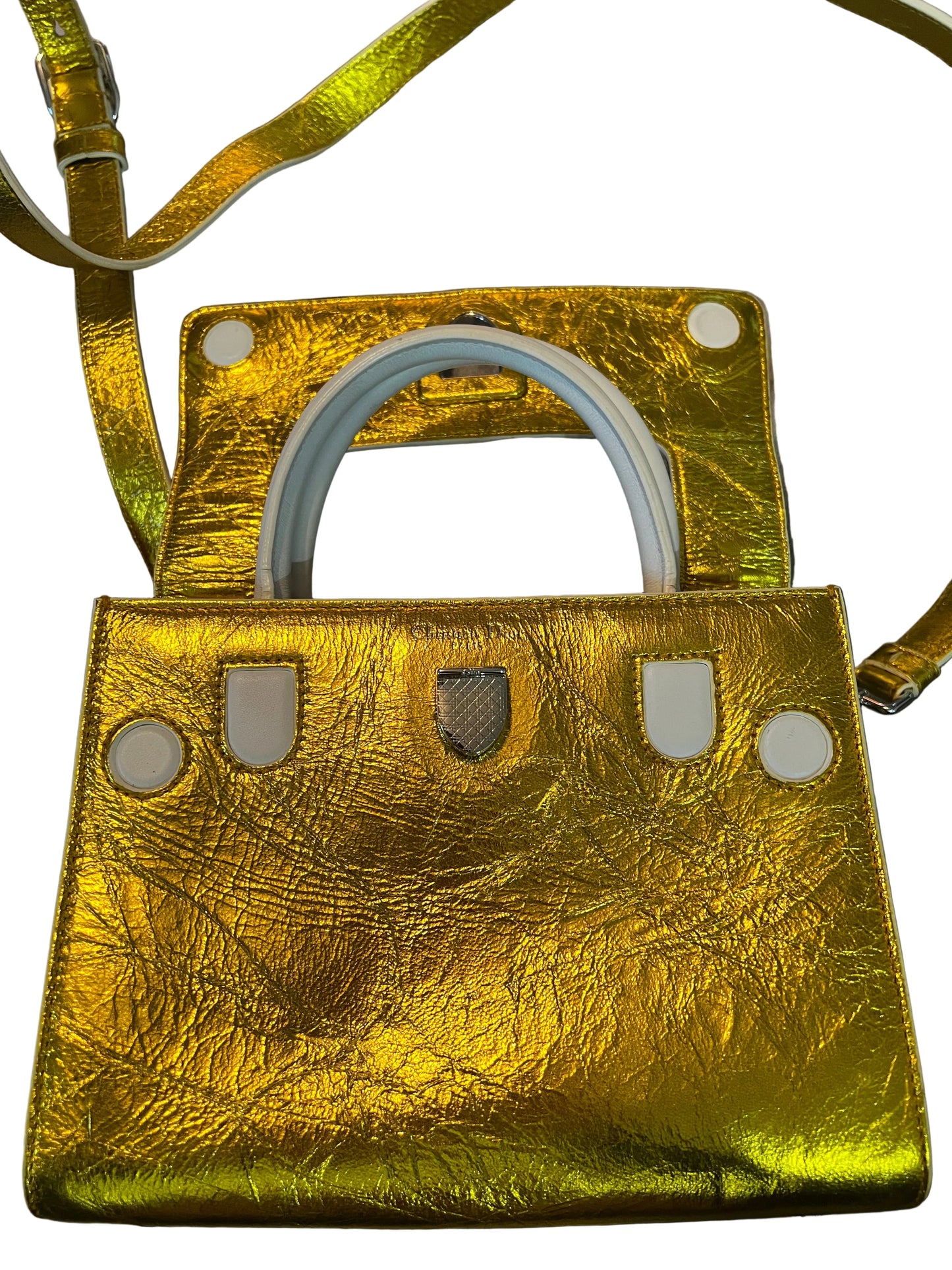 Dior Diorever Metallic Gold and White Leather Flap Bag