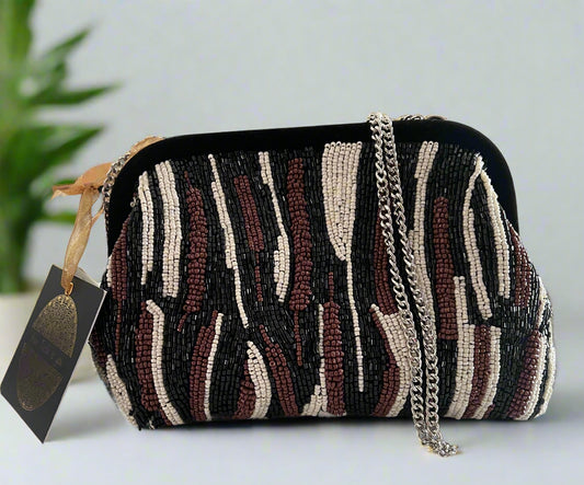 Striped Beaded Clutch with Crossbody Chain