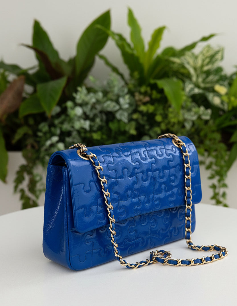Chanel Limited Karl Lagerfeld Patent Blue Puzzle Flap