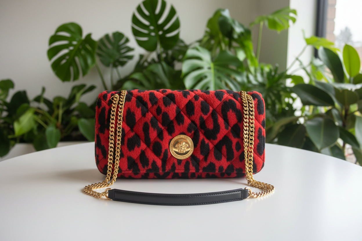 Versace Red Quilted Fabric Leopard Flap