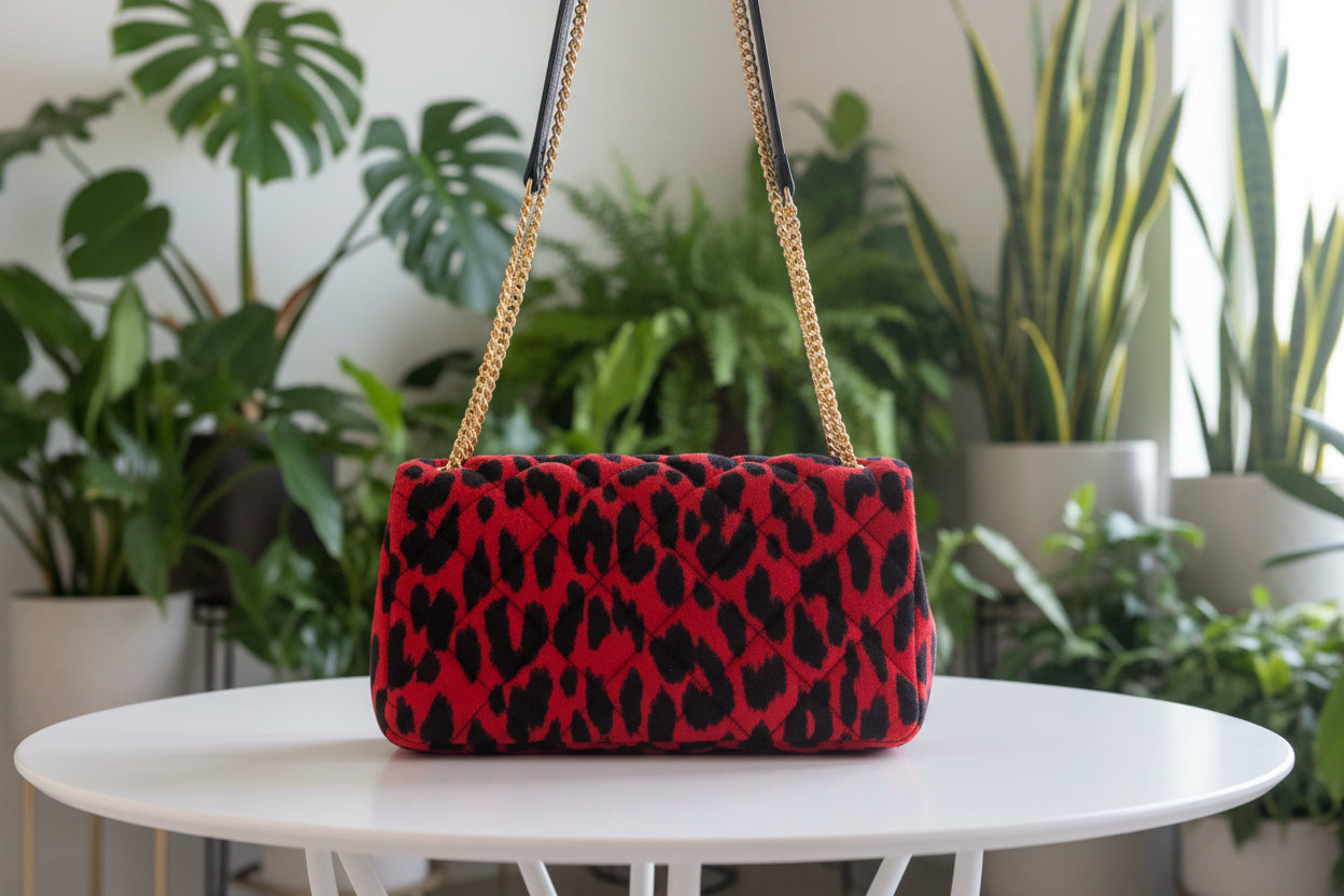 Versace Red Quilted Fabric Leopard Flap