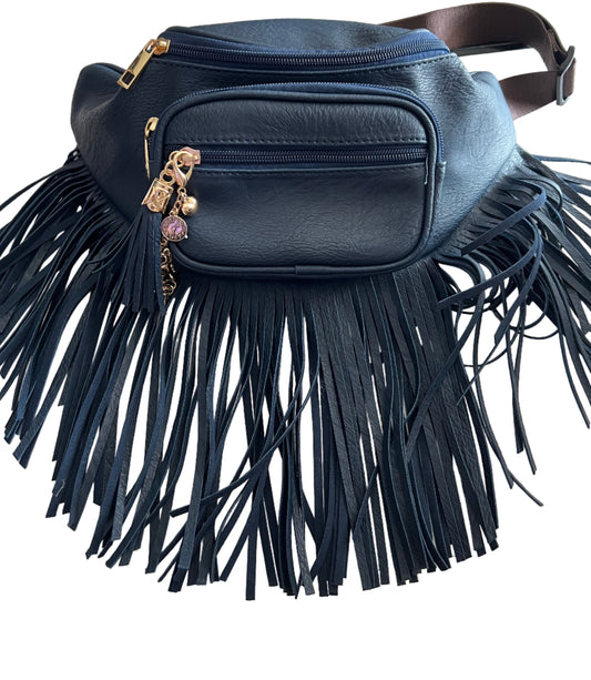 Navy Leather Belt Bag with Fringe