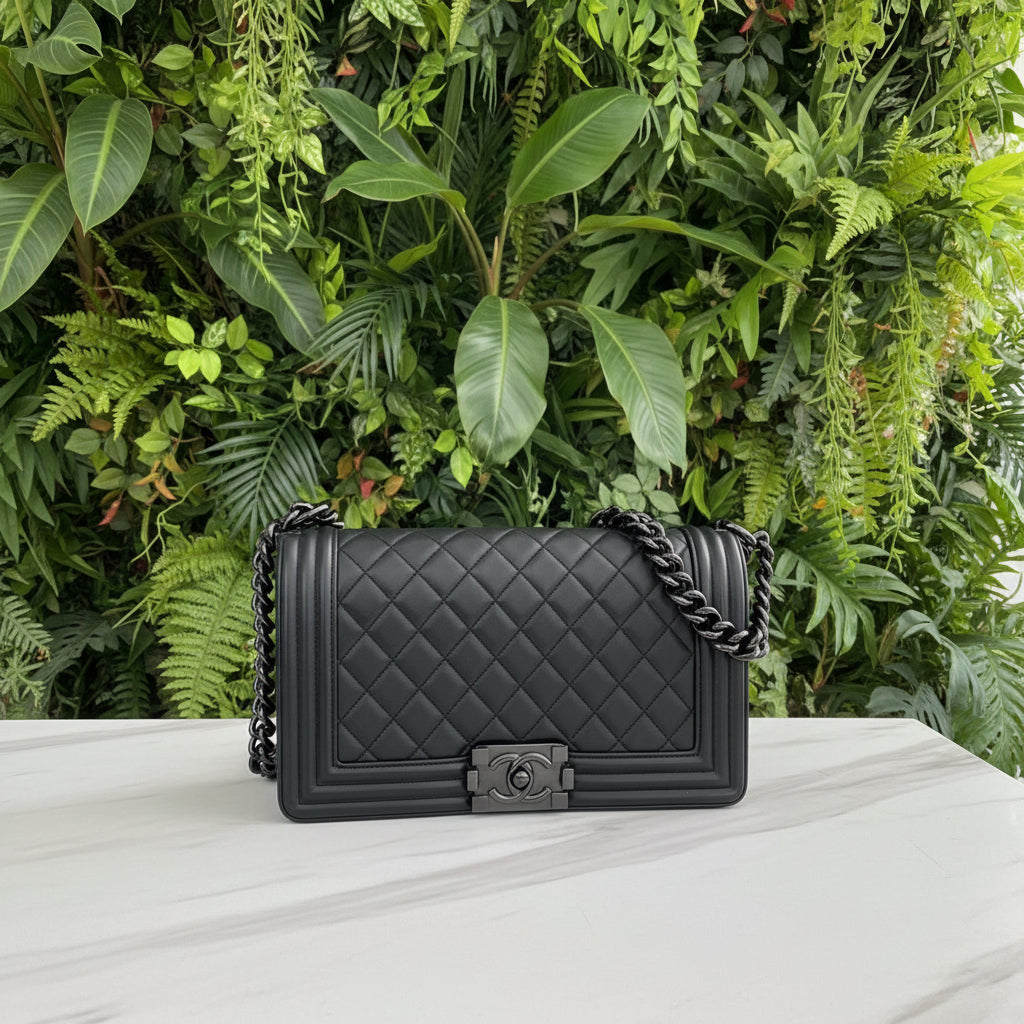 Chanel Black Lambskin Old Medium Boy Bag - So Black Hardware